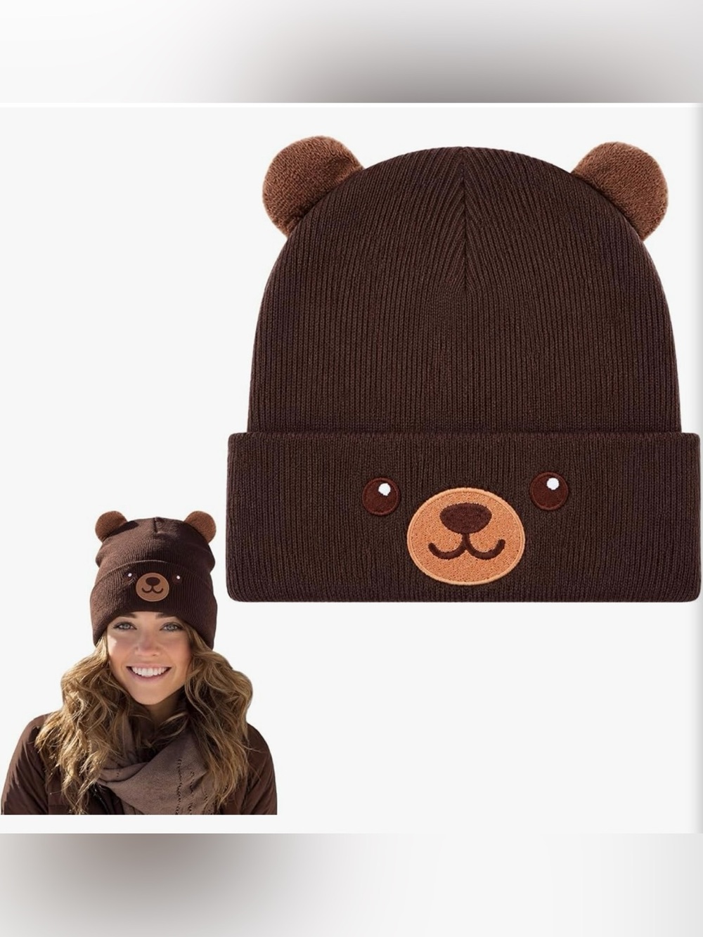 Woman's Brown Bear Knit Beanie Hat - Cute Bear Face